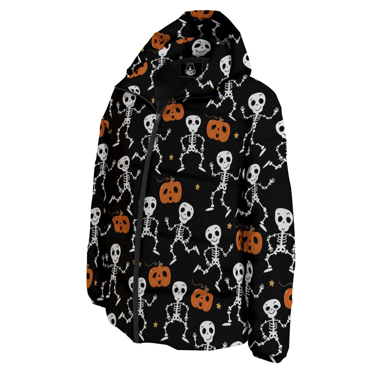 Pumpkin And Skeleton Halloween Print Down Jacket-grizzshop