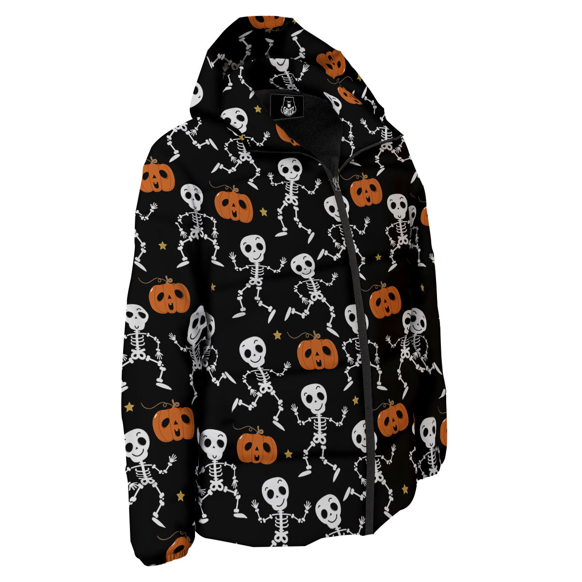 Pumpkin And Skeleton Halloween Print Down Jacket-grizzshop
