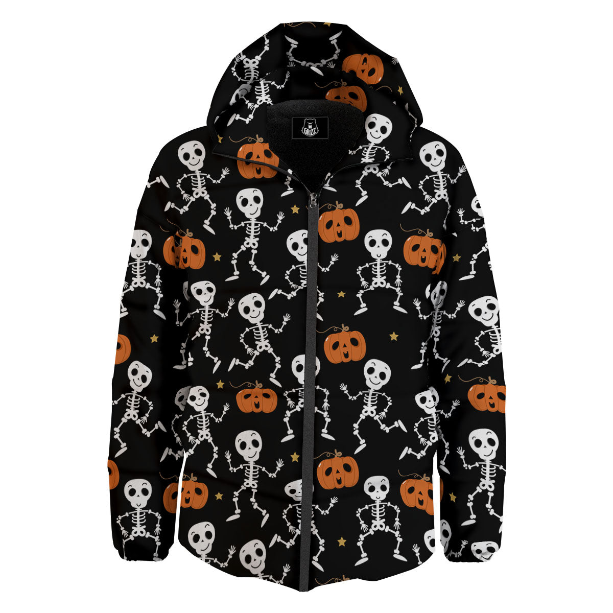 Pumpkin And Skeleton Halloween Print Down Jacket-grizzshop
