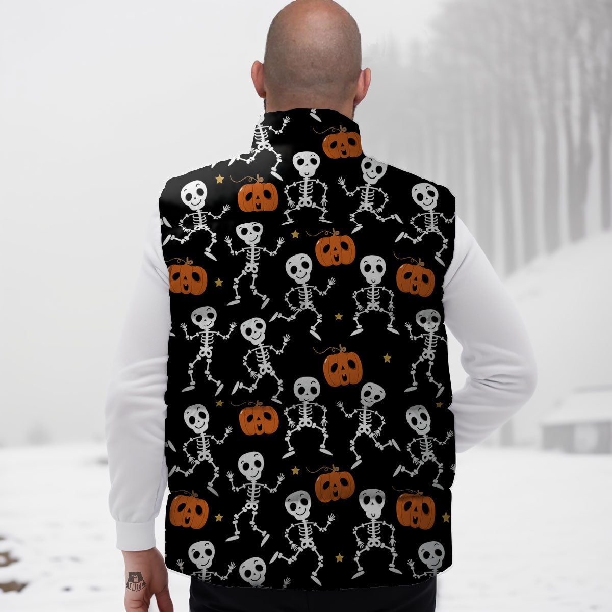 Pumpkin And Skeleton Halloween Print Down Vest