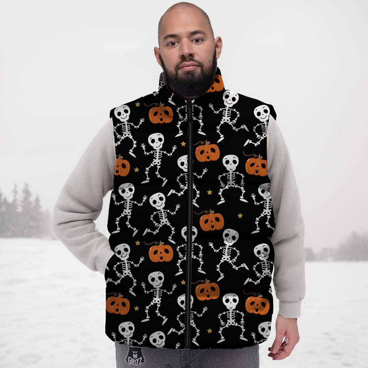 Pumpkin And Skeleton Halloween Print Down Vest