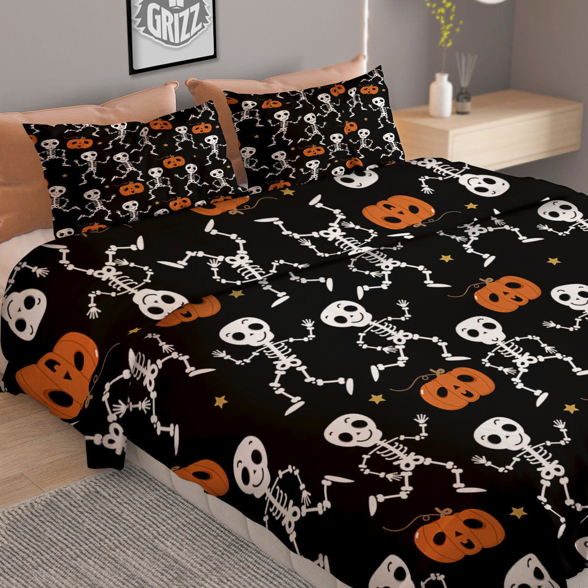 Pumpkin And Skeleton Halloween Print Duvet Cover Bedding Set