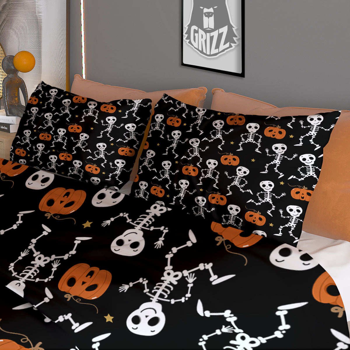 Pumpkin And Skeleton Halloween Print Duvet Cover Bedding Set