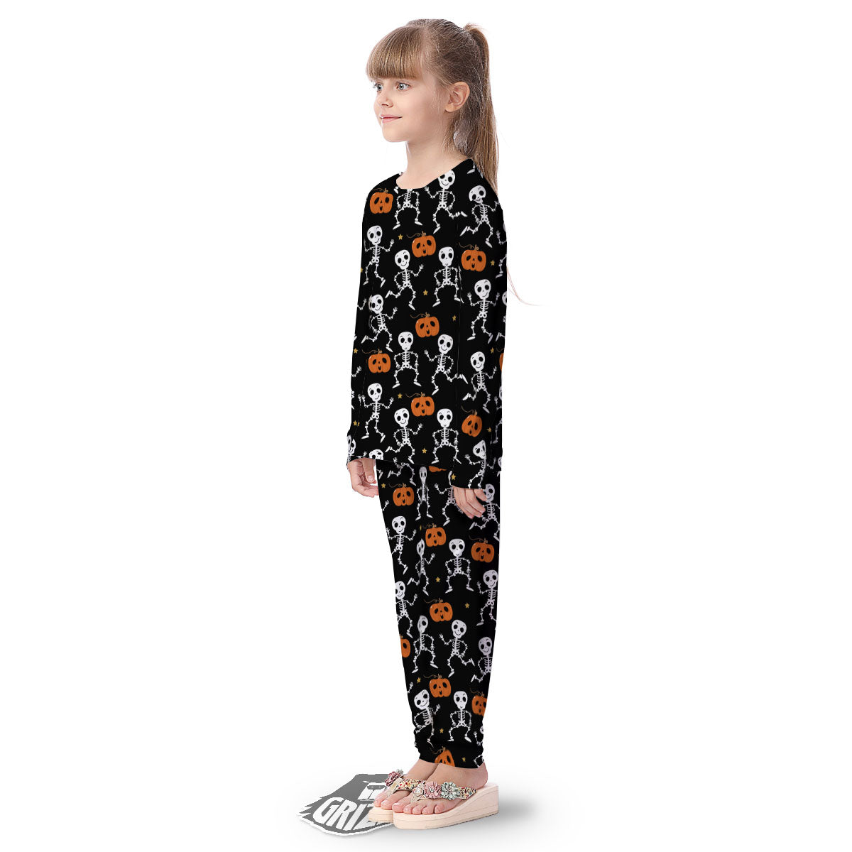 Pumpkin And Skeleton Halloween Print Kid's Pajamas-grizzshop