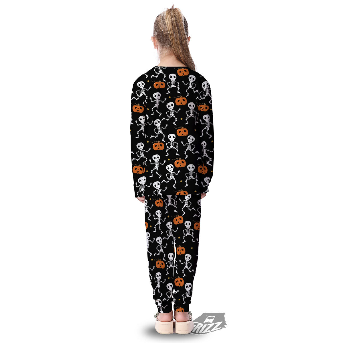 Pumpkin And Skeleton Halloween Print Kid's Pajamas-grizzshop