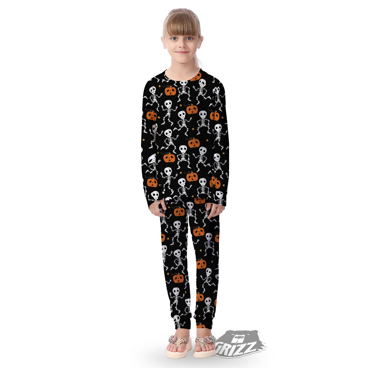 Pumpkin And Skeleton Halloween Print Kid's Pajamas-grizzshop