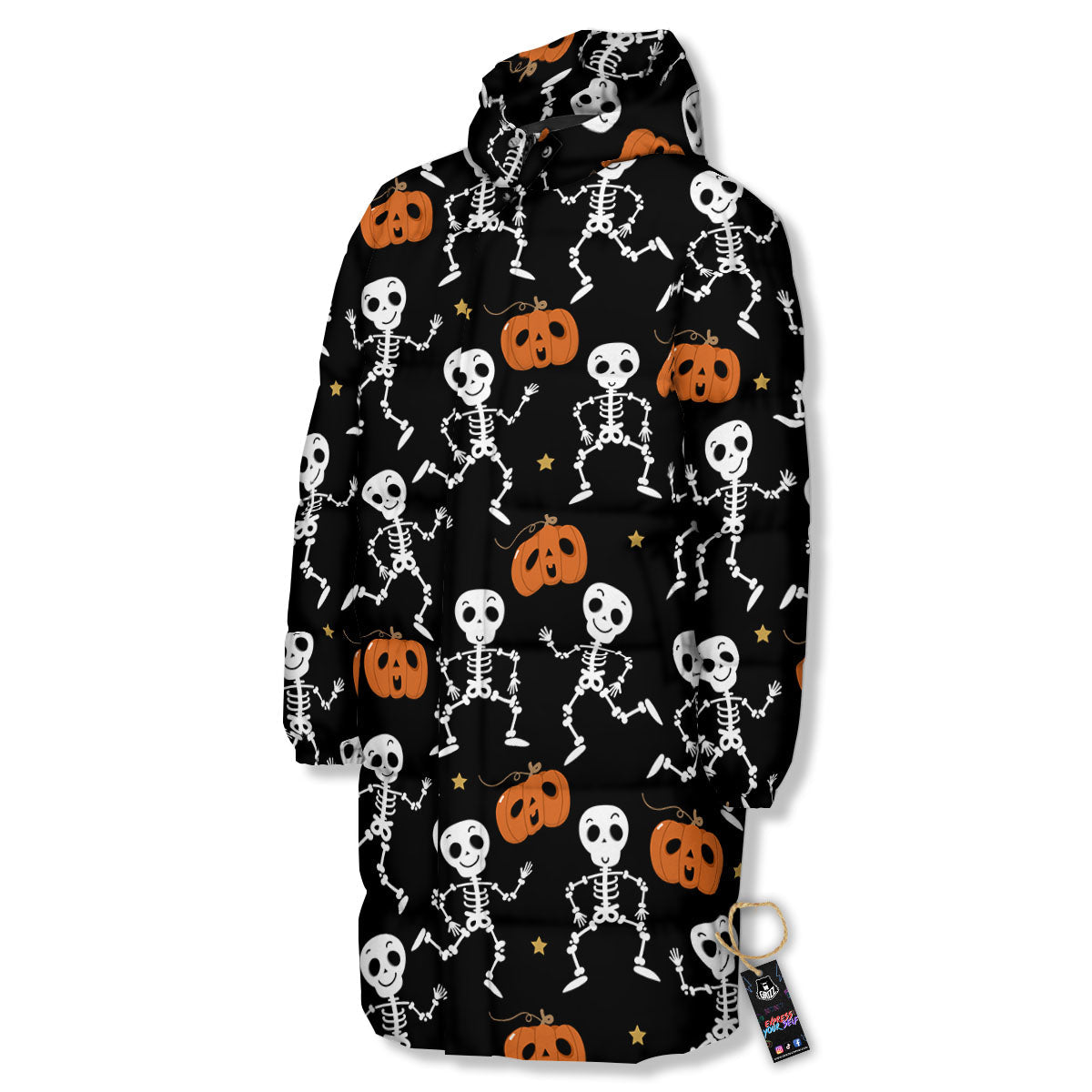 Pumpkin And Skeleton Halloween Print Long Down Jacket-grizzshop