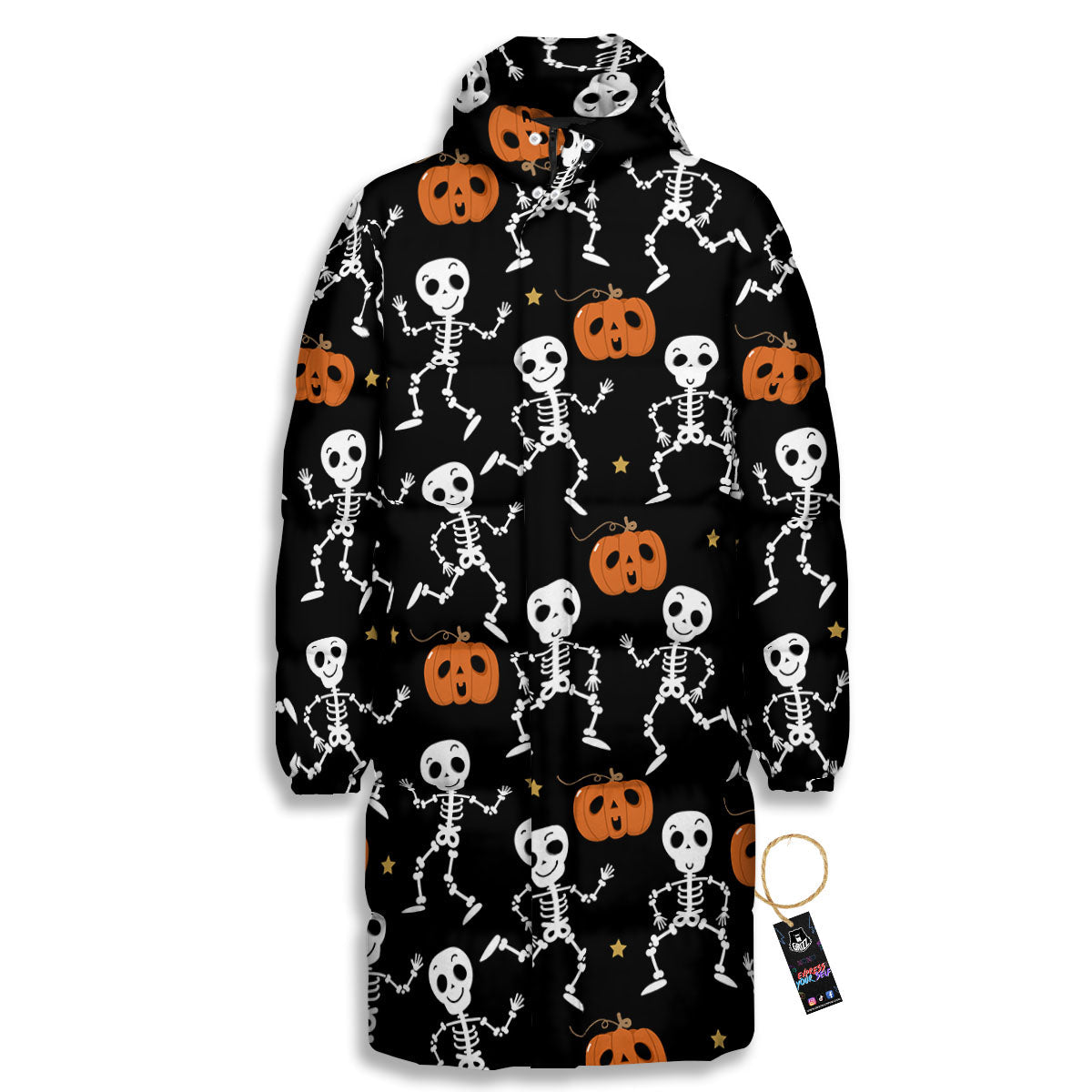 Pumpkin And Skeleton Halloween Print Long Down Jacket-grizzshop
