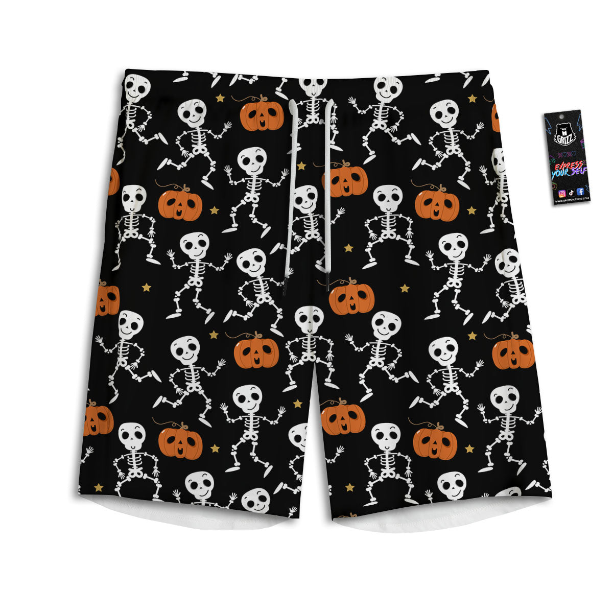 Pumpkin And Skeleton Halloween Print Men's Athletic Shorts