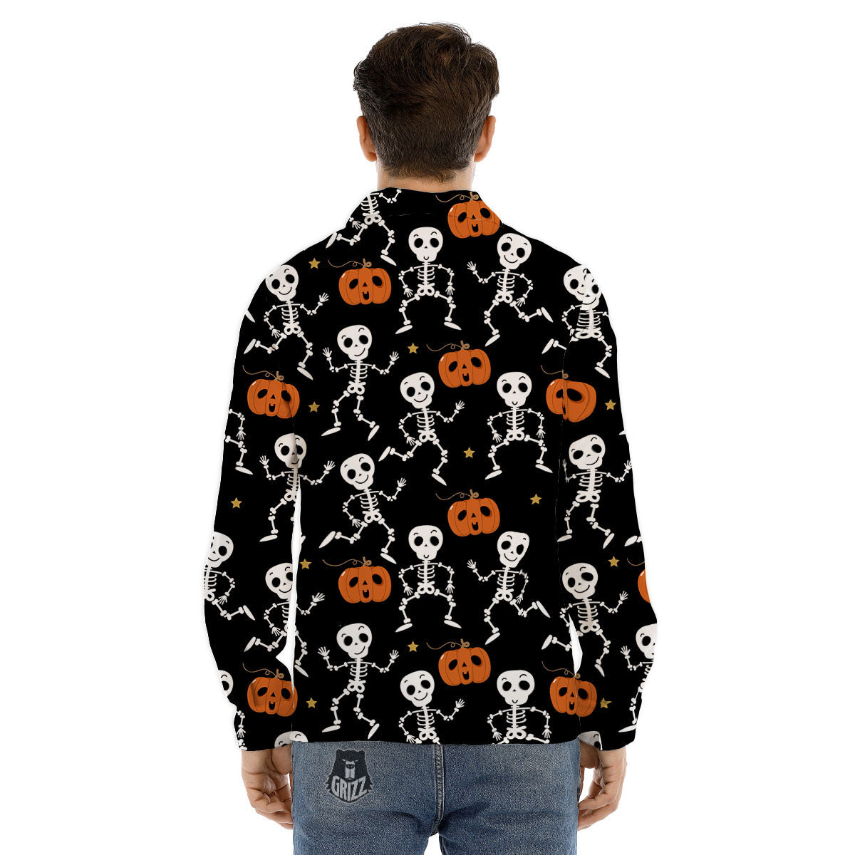 Pumpkin And Skeleton Halloween Print Men's Dress Shirts-grizzshop