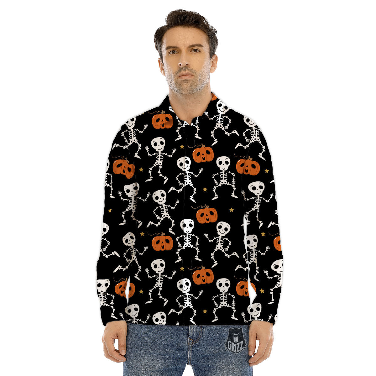 Pumpkin And Skeleton Halloween Print Men's Dress Shirts-grizzshop