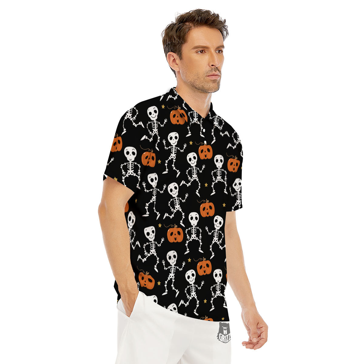 Pumpkin And Skeleton Halloween Print Men's Golf Shirts-grizzshop