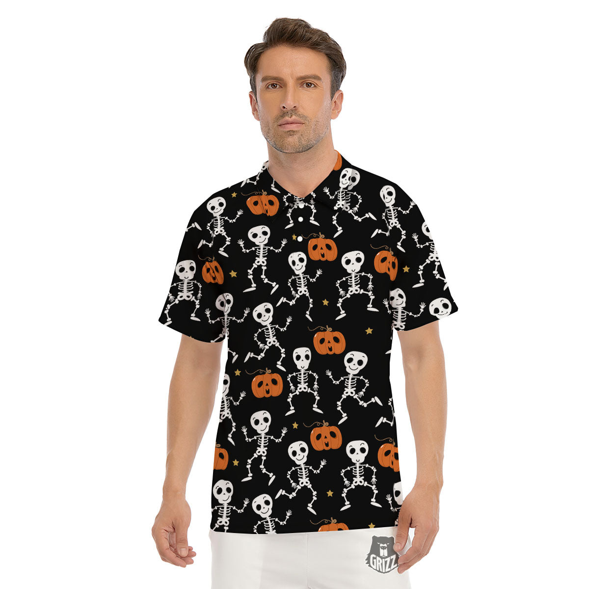 Pumpkin And Skeleton Halloween Print Men's Golf Shirts-grizzshop