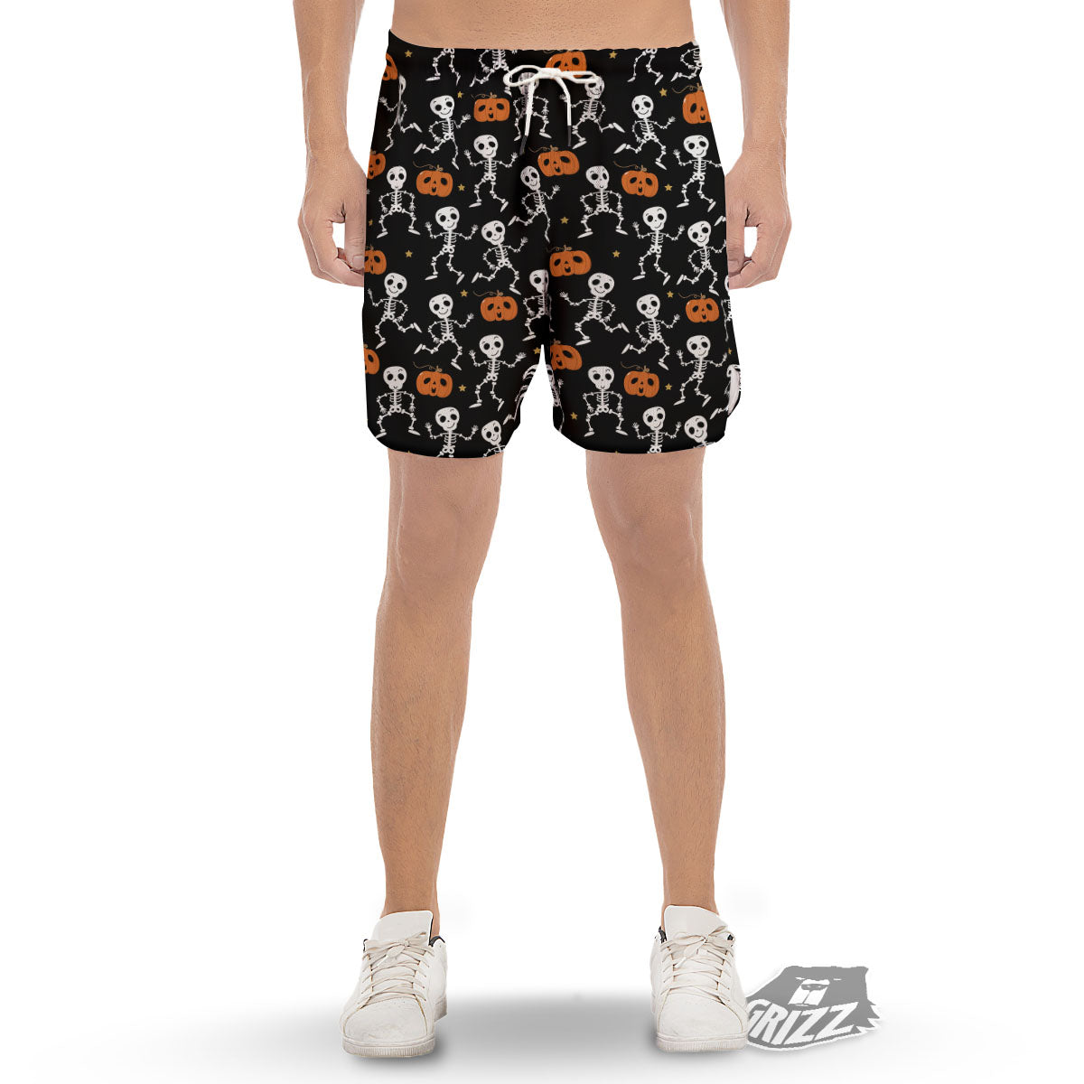 Pumpkin And Skeleton Halloween Print Men's Gym Shorts-grizzshop