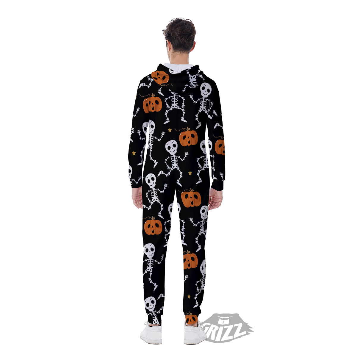 Pumpkin And Skeleton Halloween Print Men's Jumpsuit-grizzshop