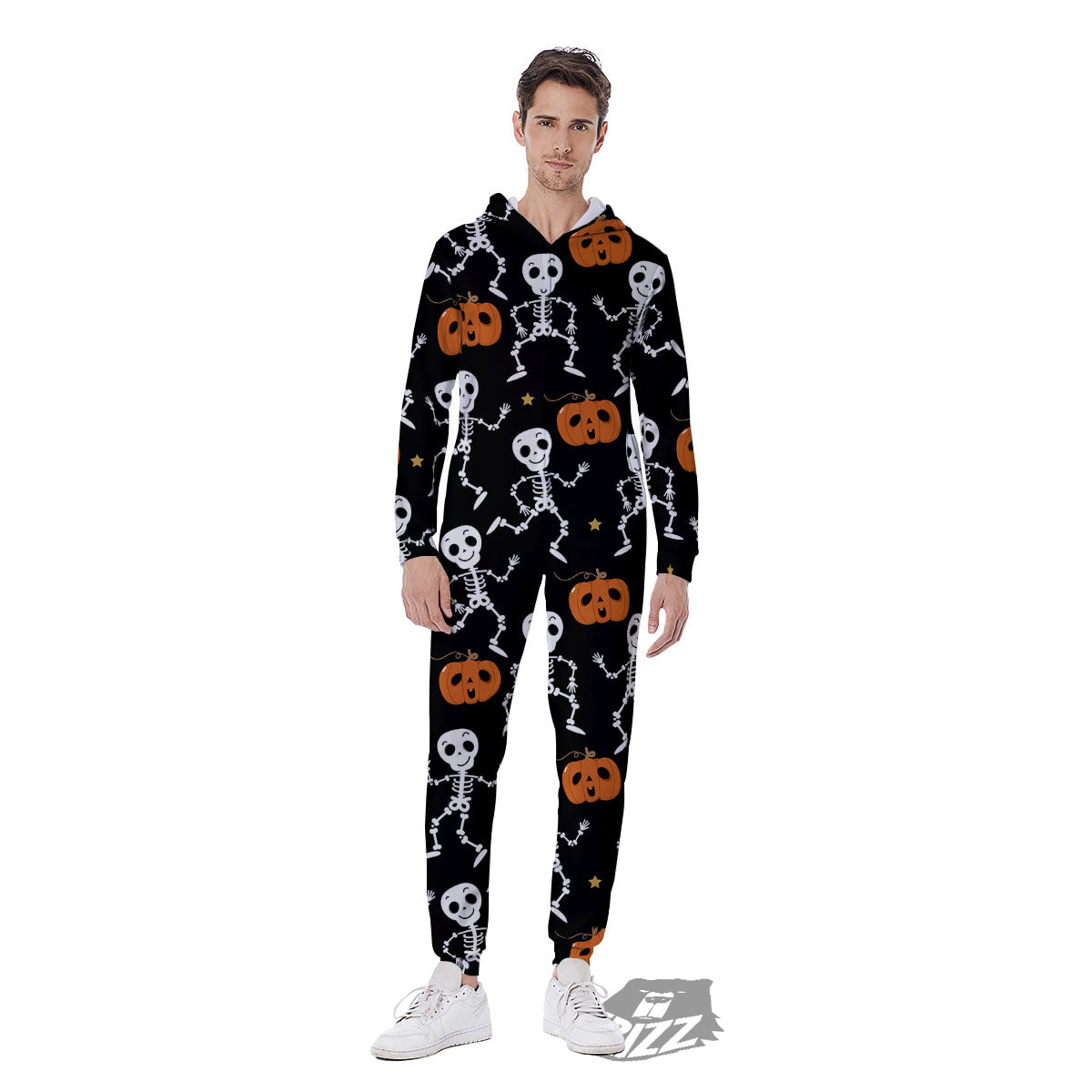 Pumpkin And Skeleton Halloween Print Men's Jumpsuit-grizzshop