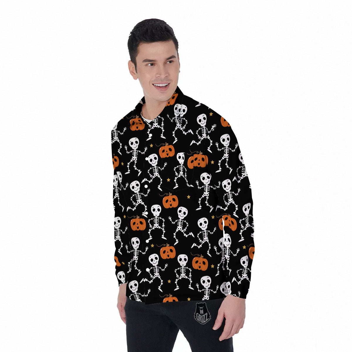 Pumpkin And Skeleton Halloween Print Men's Long Sleeve Shirts-grizzshop