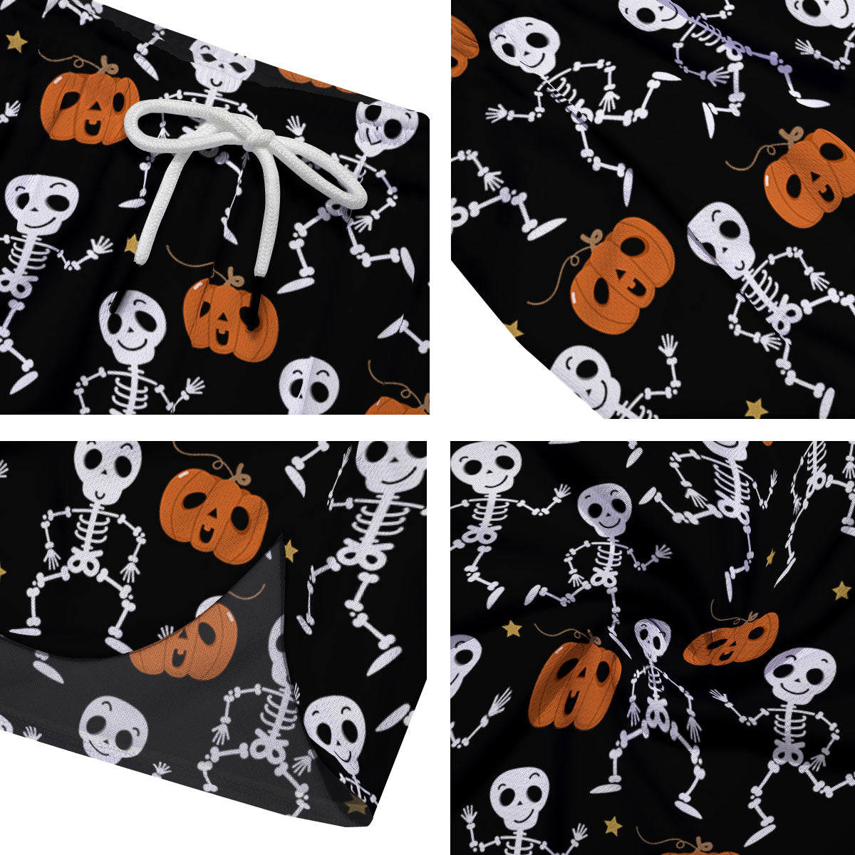 Pumpkin And Skeleton Halloween Print Men's Running Shorts-grizzshop