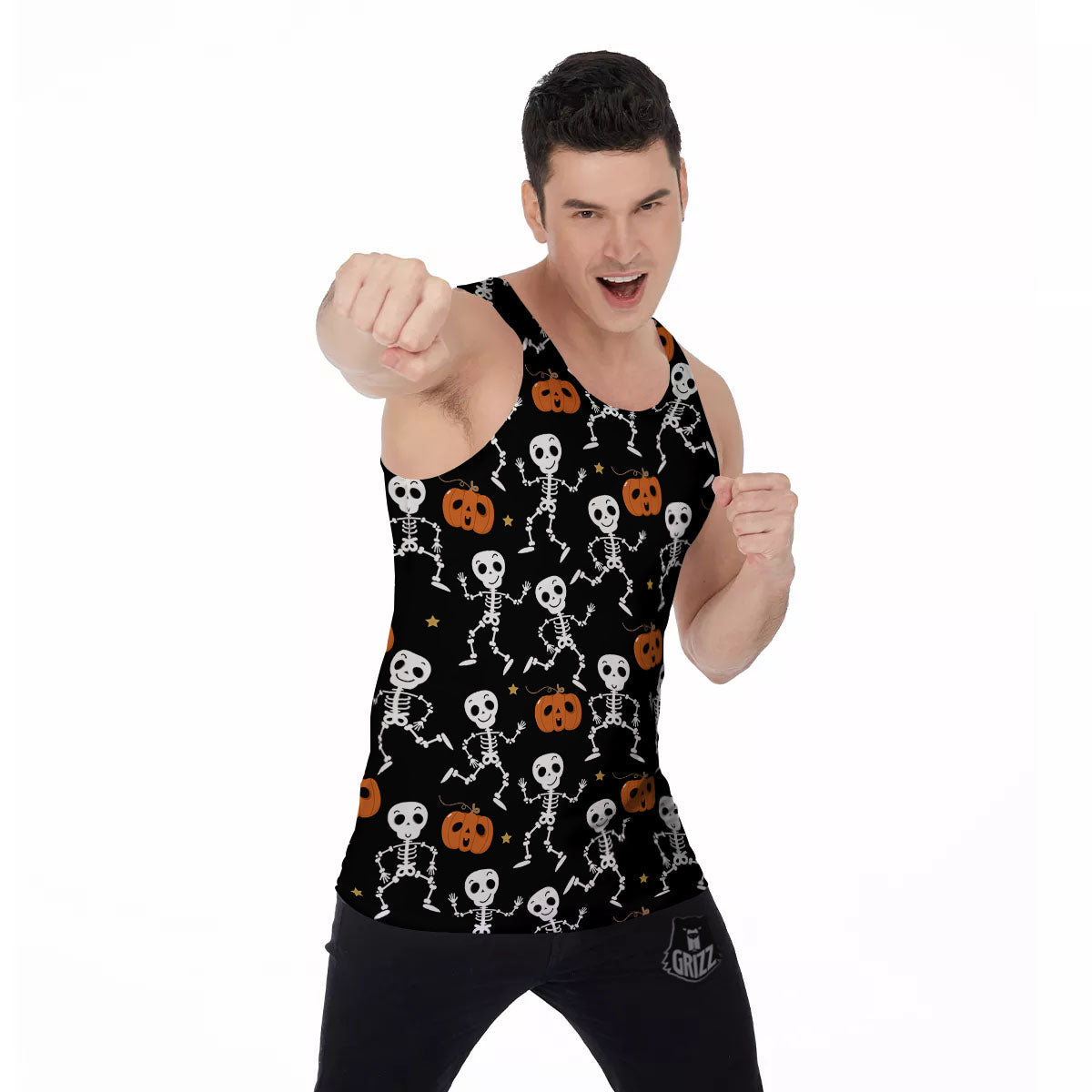 Pumpkin And Skeleton Halloween Print Men's Tank Top-grizzshop