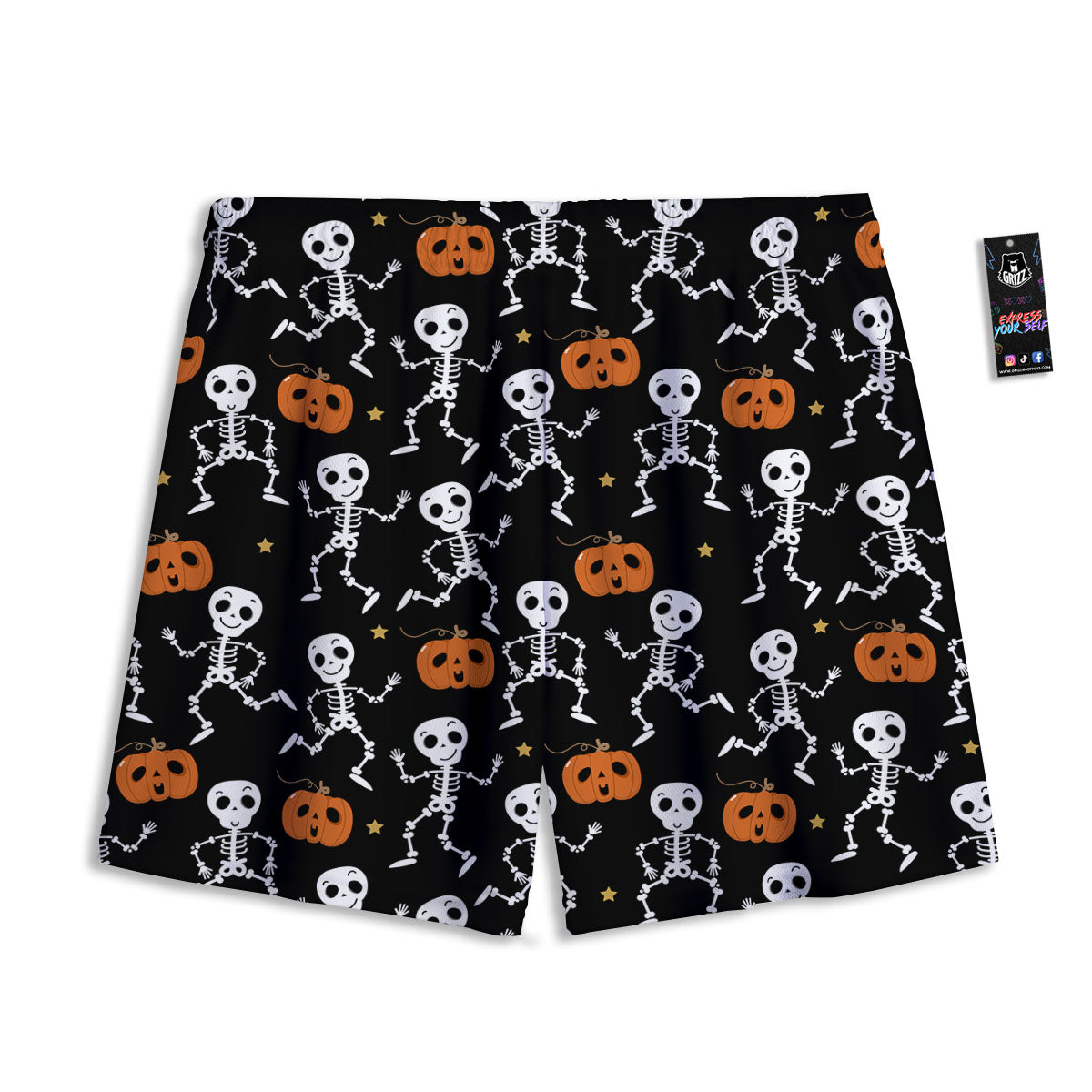 Pumpkin And Skeleton Halloween Print Mesh Shorts