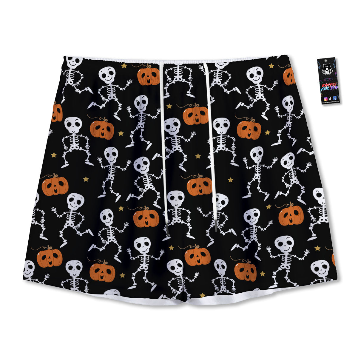 Pumpkin And Skeleton Halloween Print Mesh Shorts