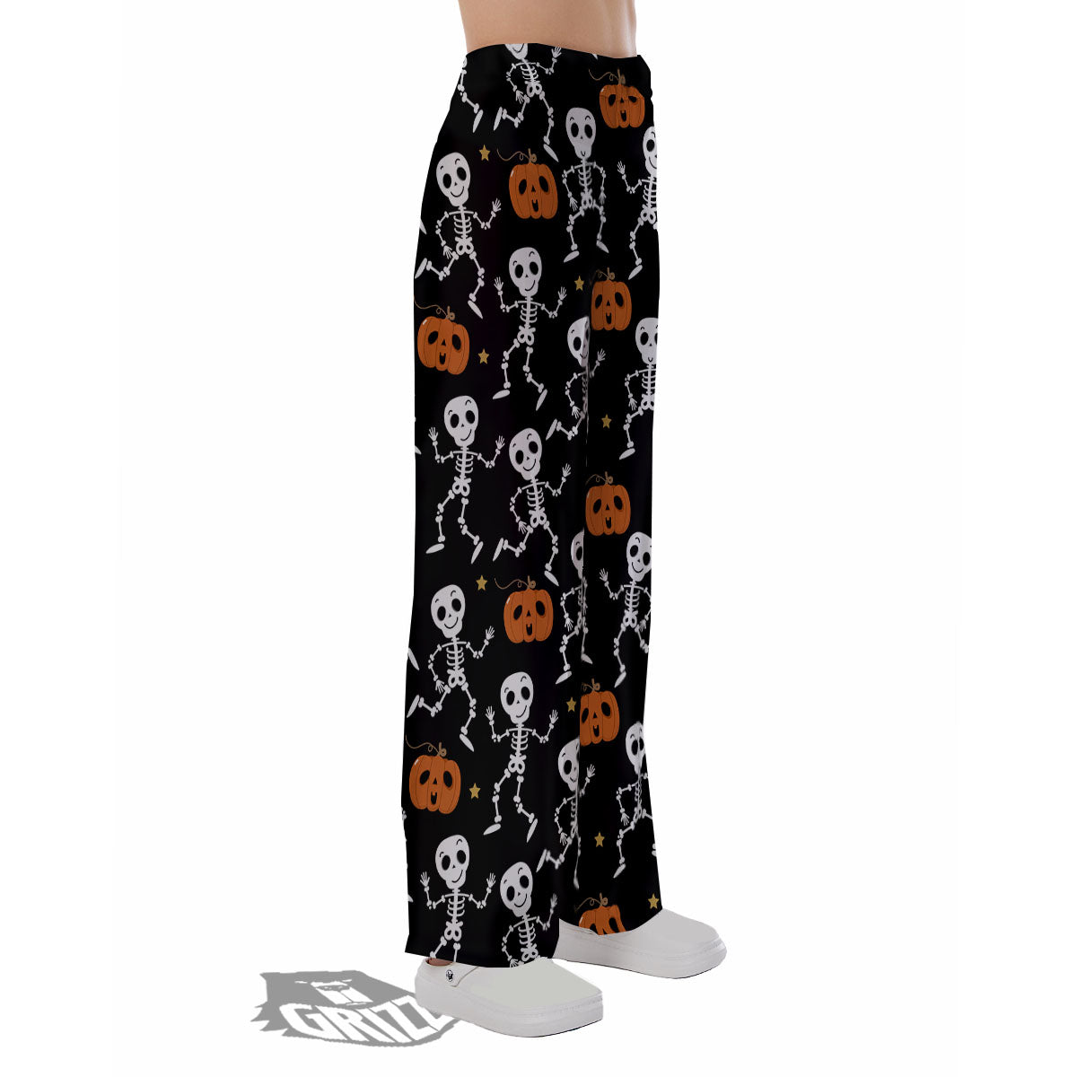 Pumpkin And Skeleton Halloween Print Pajama Pants-grizzshop