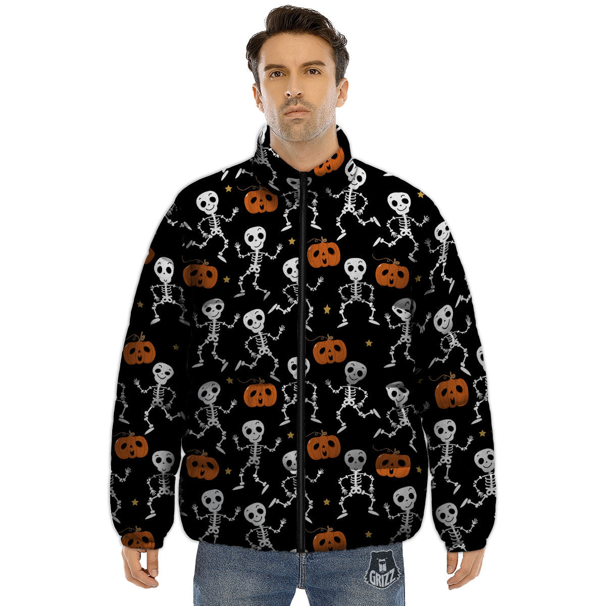 Pumpkin And Skeleton Halloween Print Puffer Jacket-grizzshop