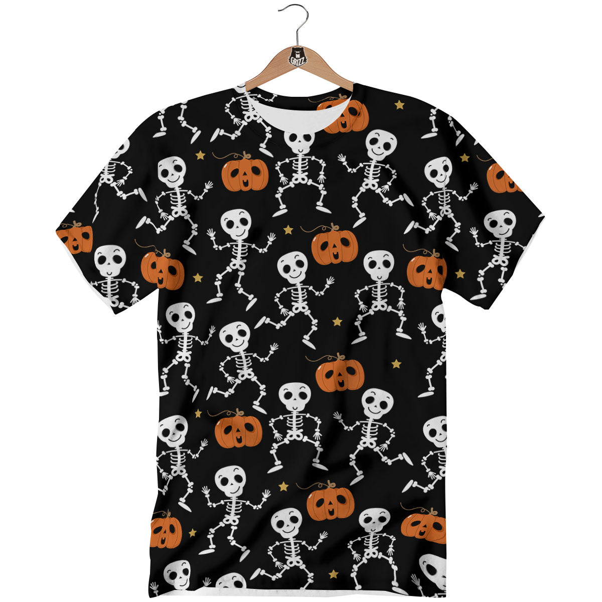 Pumpkin And Skeleton Halloween Print T-Shirt-grizzshop