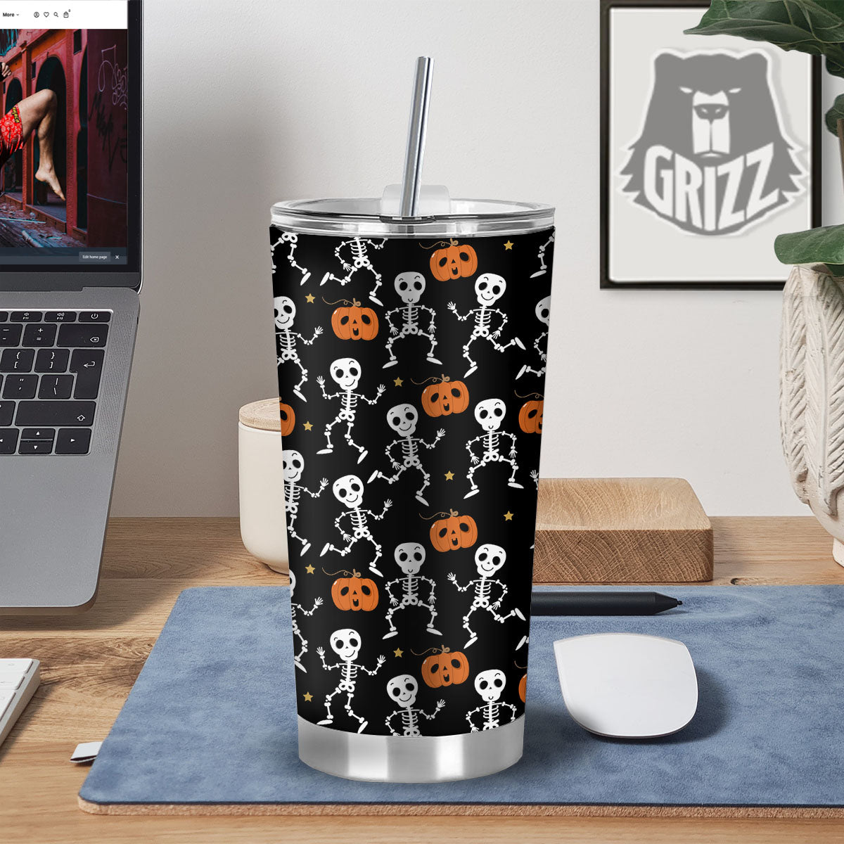 Pumpkin And Skeleton Halloween Print Tumbler-grizzshop