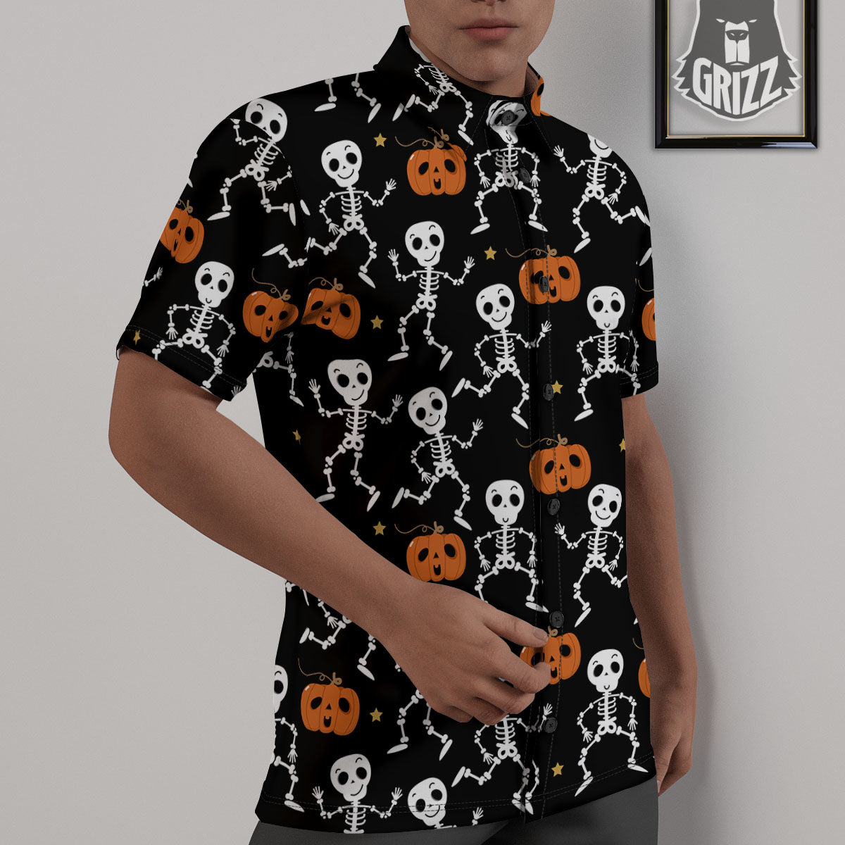 Pumpkin And Skeleton Halloween Print Untucked Shirts-grizzshop