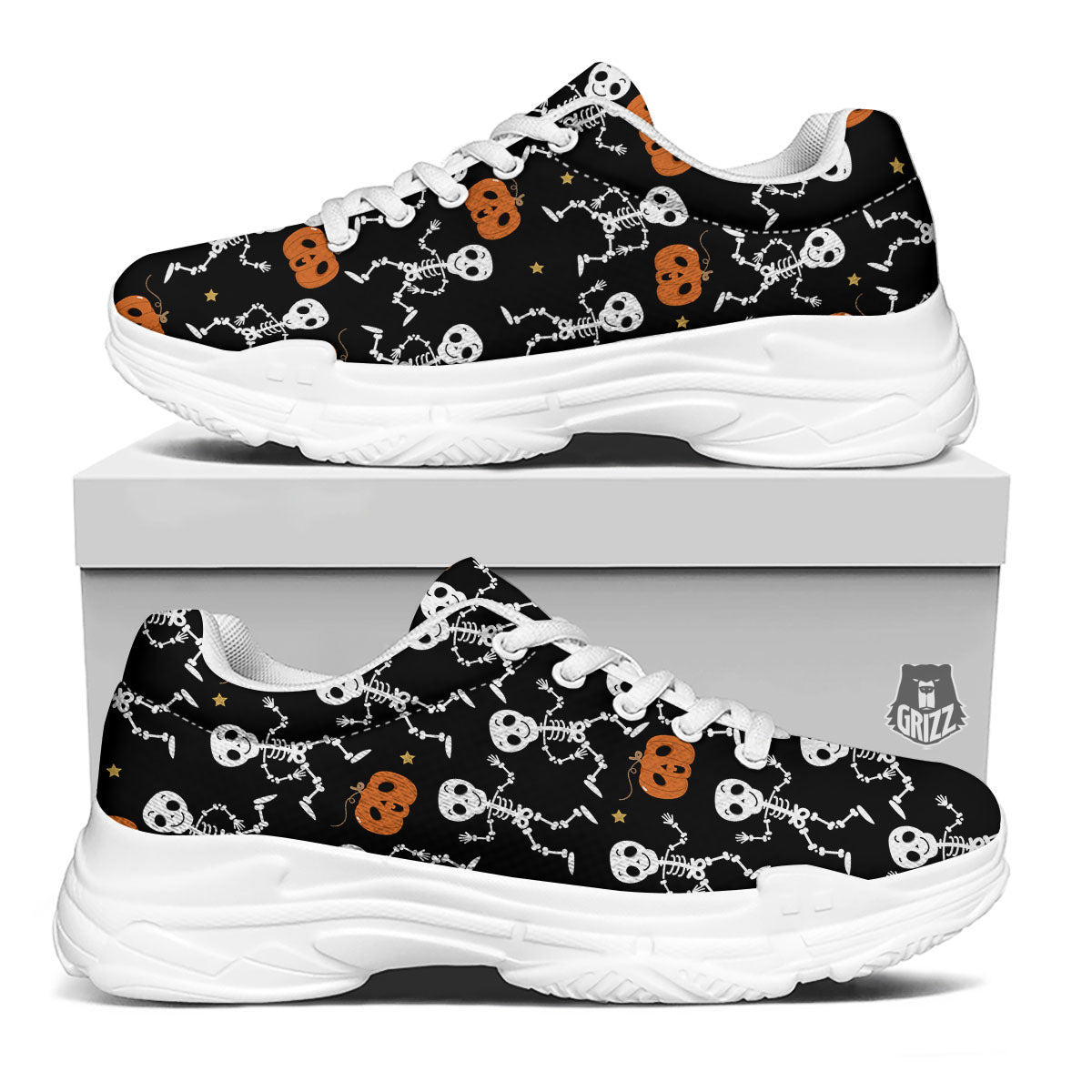 Pumpkin And Skeleton Halloween Print White Chunky Shoes-grizzshop