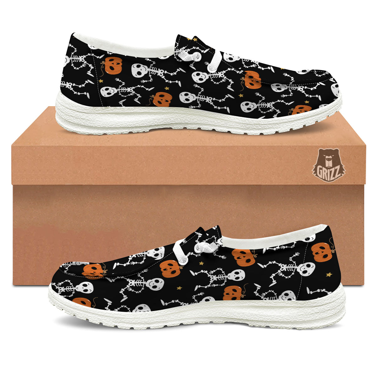 Pumpkin And Skeleton Halloween Print White Loafers-grizzshop