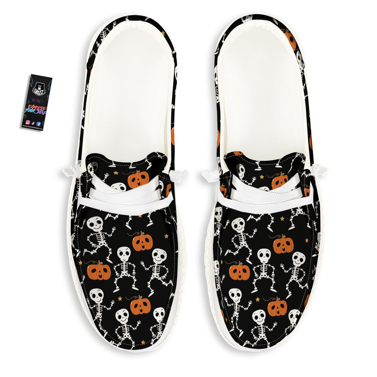Pumpkin And Skeleton Halloween Print White Loafers-grizzshop