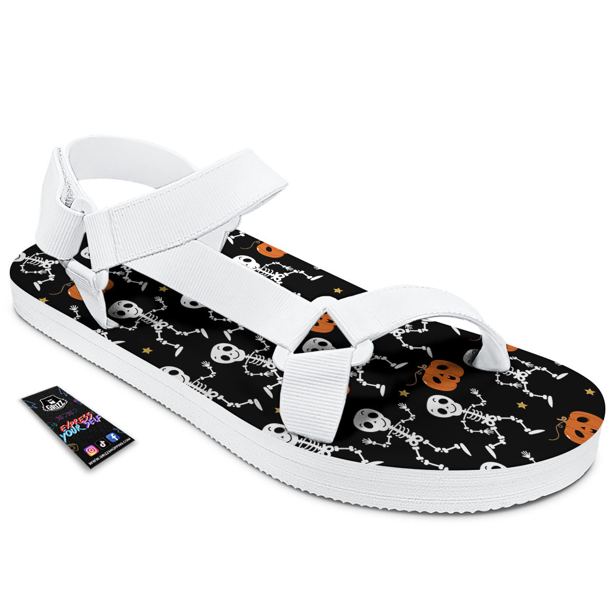 Pumpkin And Skeleton Halloween Print White Open Toe Sandals-grizzshop