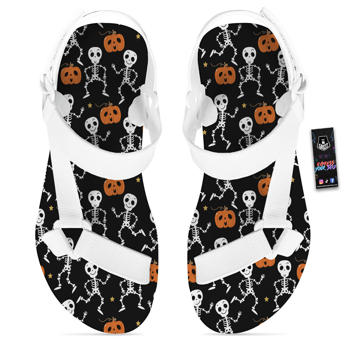 Pumpkin And Skeleton Halloween Print White Open Toe Sandals-grizzshop