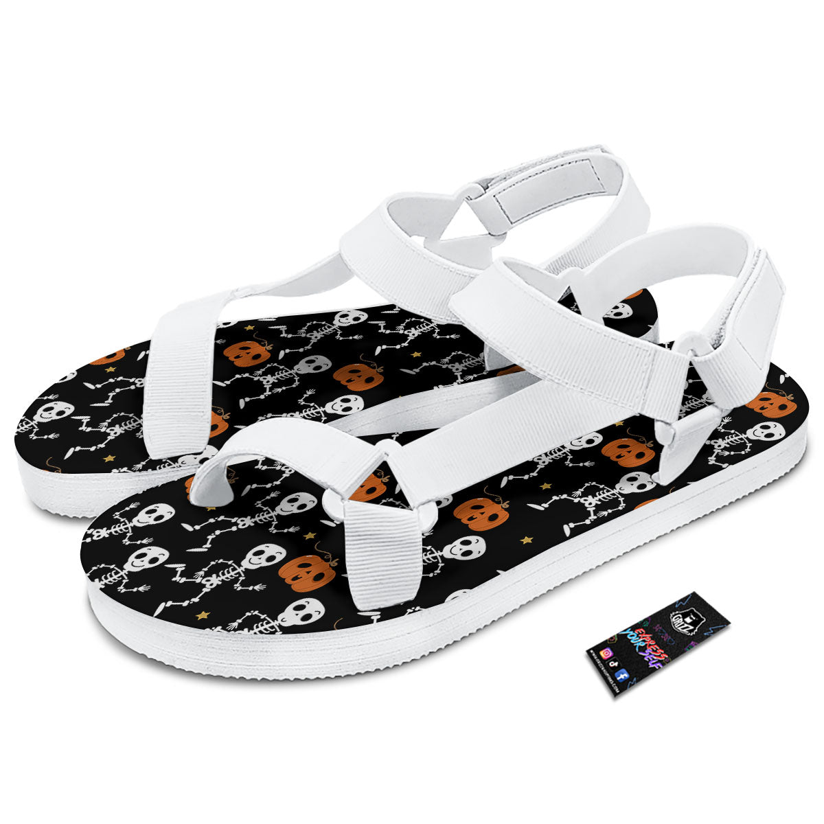 Pumpkin And Skeleton Halloween Print White Open Toe Sandals-grizzshop