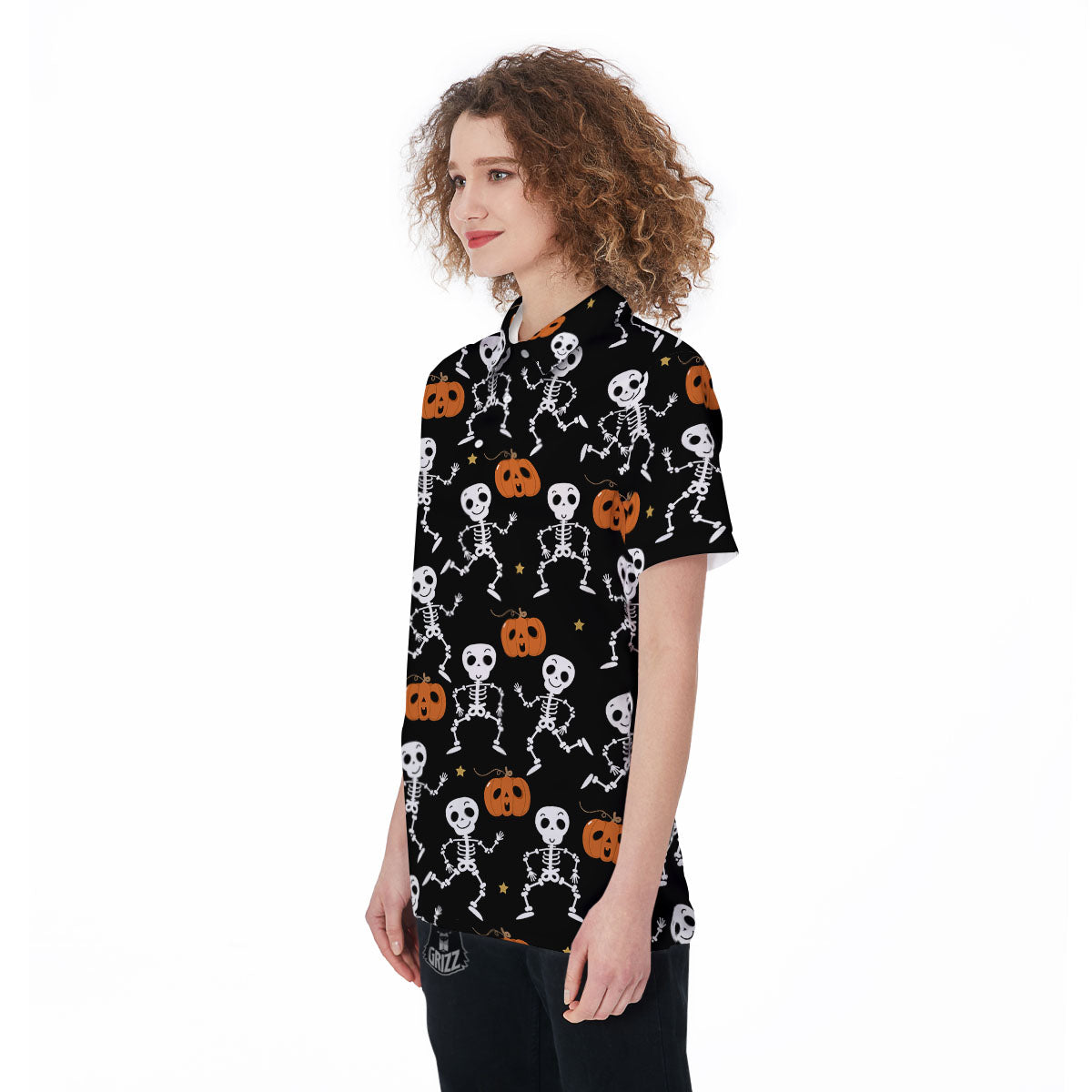 Pumpkin And Skeleton Halloween Print Women's Golf Shirts-grizzshop
