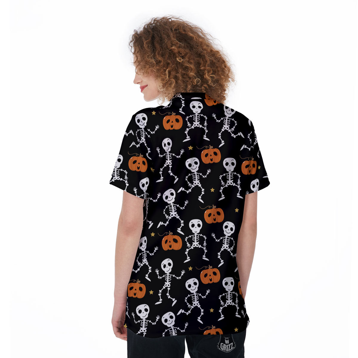 Pumpkin And Skeleton Halloween Print Women's Golf Shirts-grizzshop