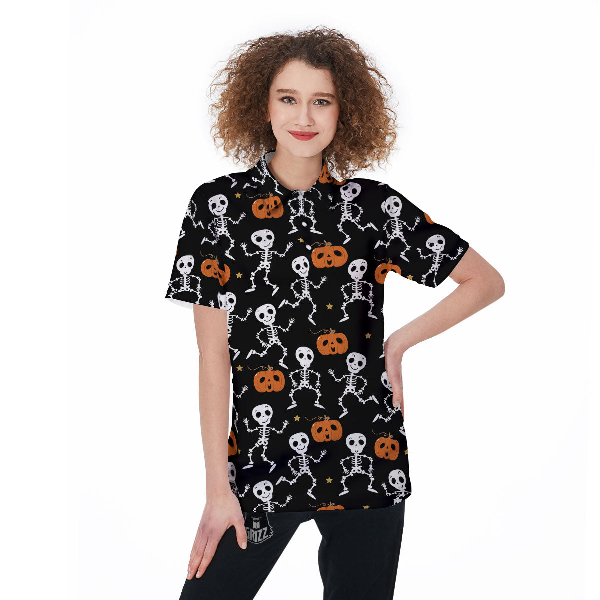Pumpkin And Skeleton Halloween Print Women's Golf Shirts-grizzshop