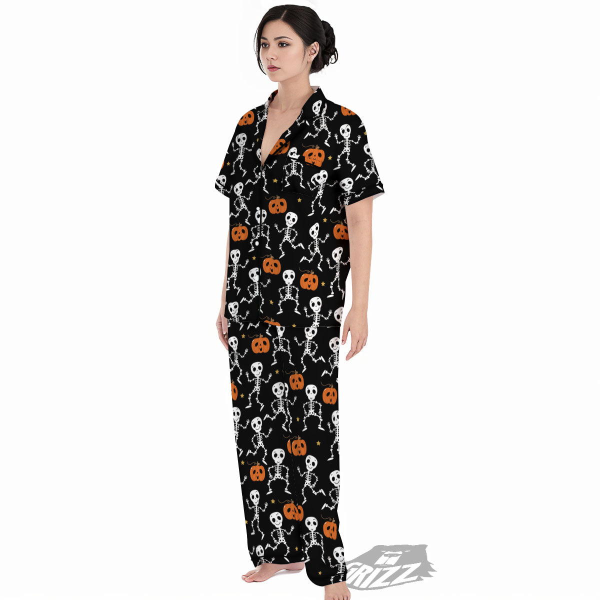 Pumpkin And Skeleton Halloween Print Women's Pajamas Set-grizzshop