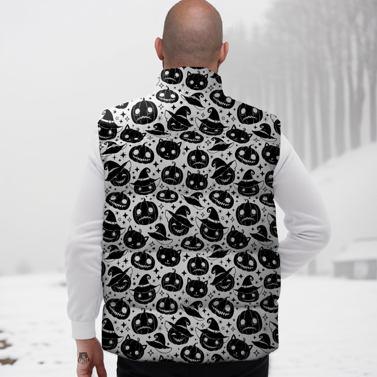 Pumpkin Black Halloween Print Pattern Down Vest