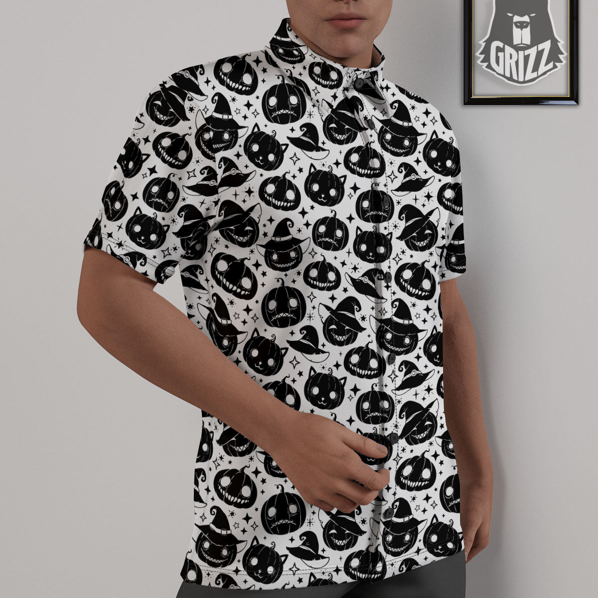 Pumpkin Black Halloween Print Pattern Untucked Shirts-grizzshop