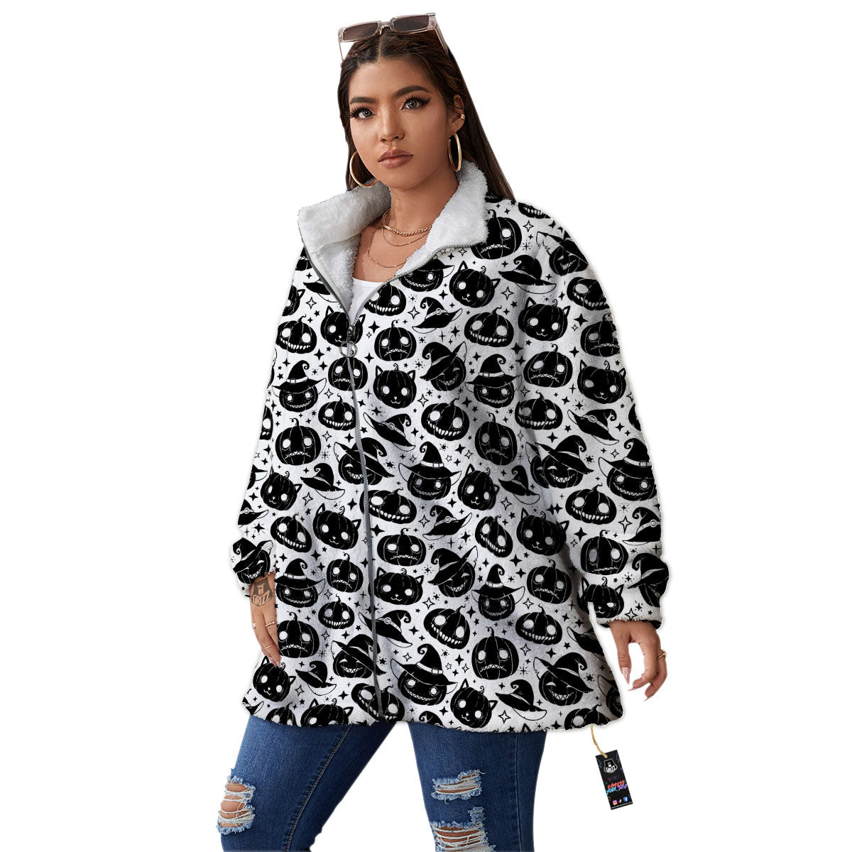 Pumpkin Black Halloween Print Pattern Women's Sherpa Jacket-grizzshop