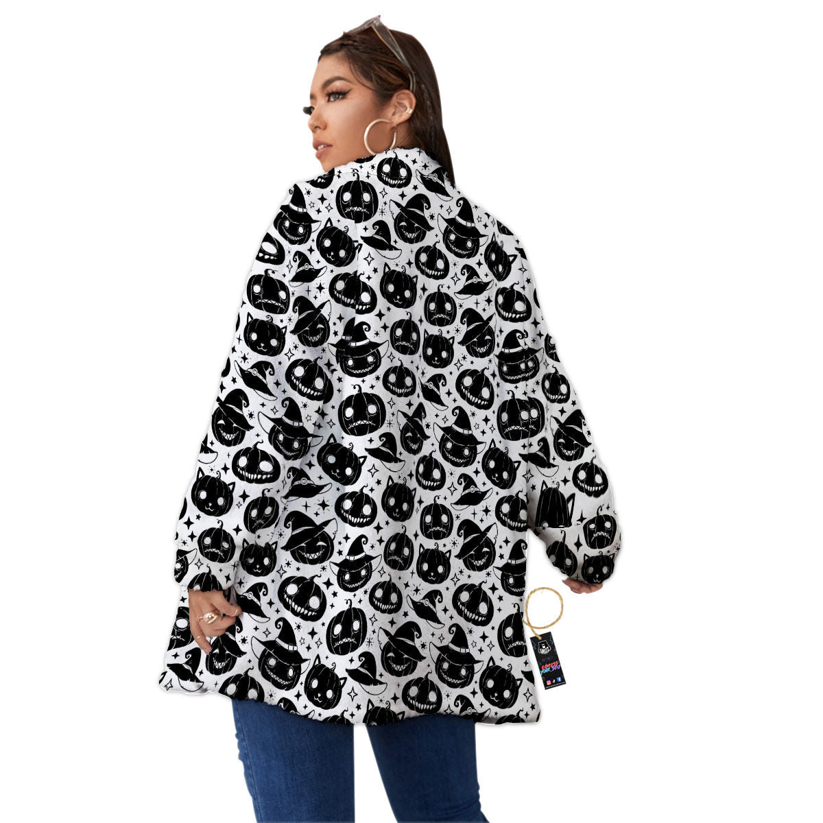 Pumpkin Black Halloween Print Pattern Women's Sherpa Jacket-grizzshop