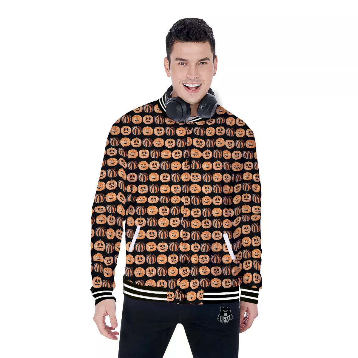 Pumpkin Cute Print Pattern Baseball Jacket-grizzshop