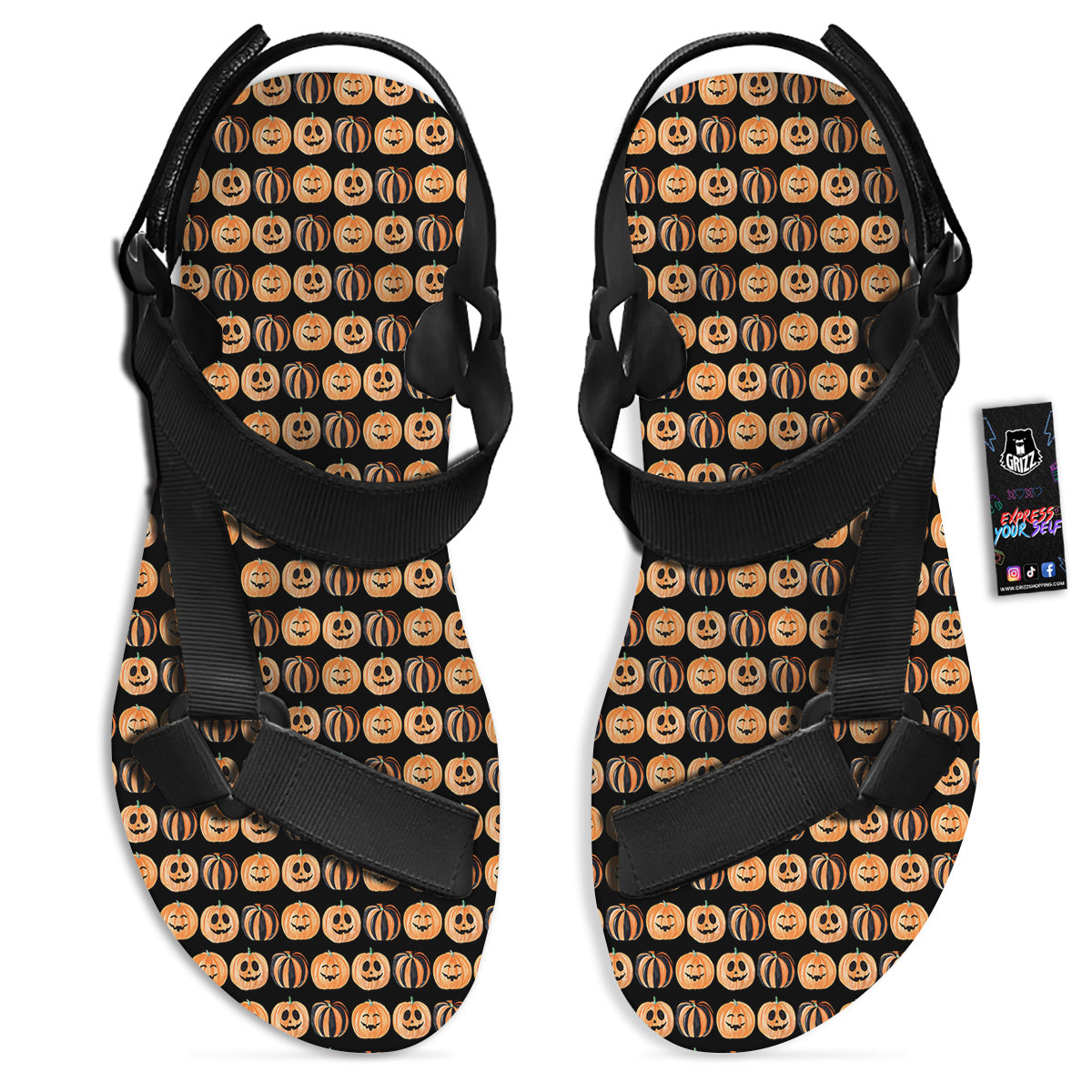 Pumpkin Cute Print Pattern Black Open Toe Sandals-grizzshop