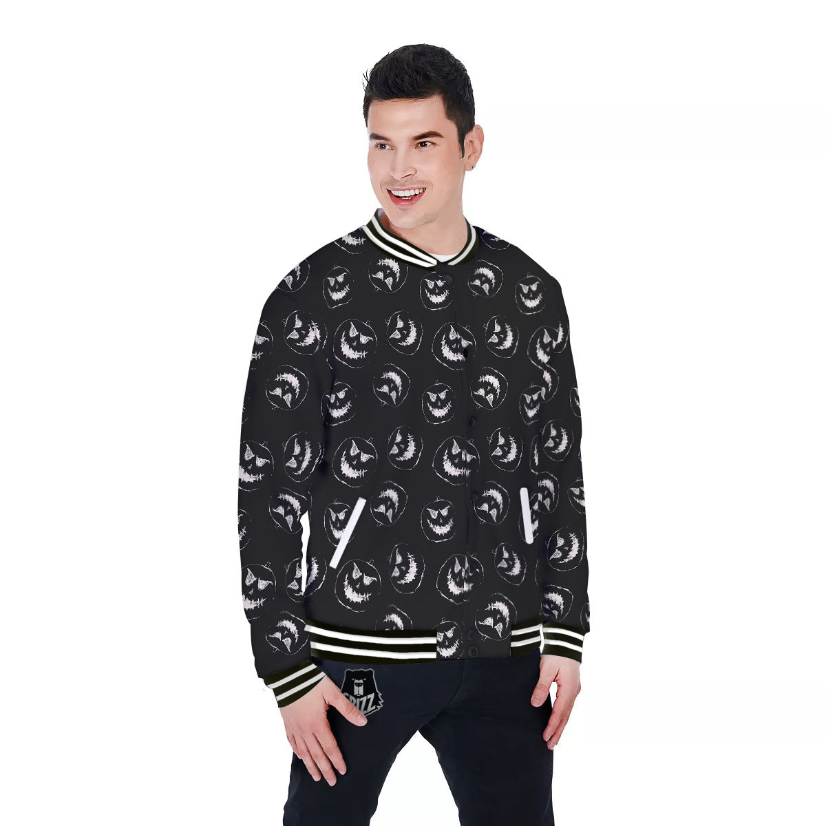 Pumpkin Faces Halloween Print Pattern Baseball Jacket-grizzshop