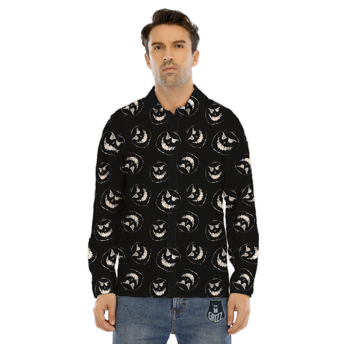 Pumpkin Faces Halloween Print Pattern Men's Dress Shirts-grizzshop
