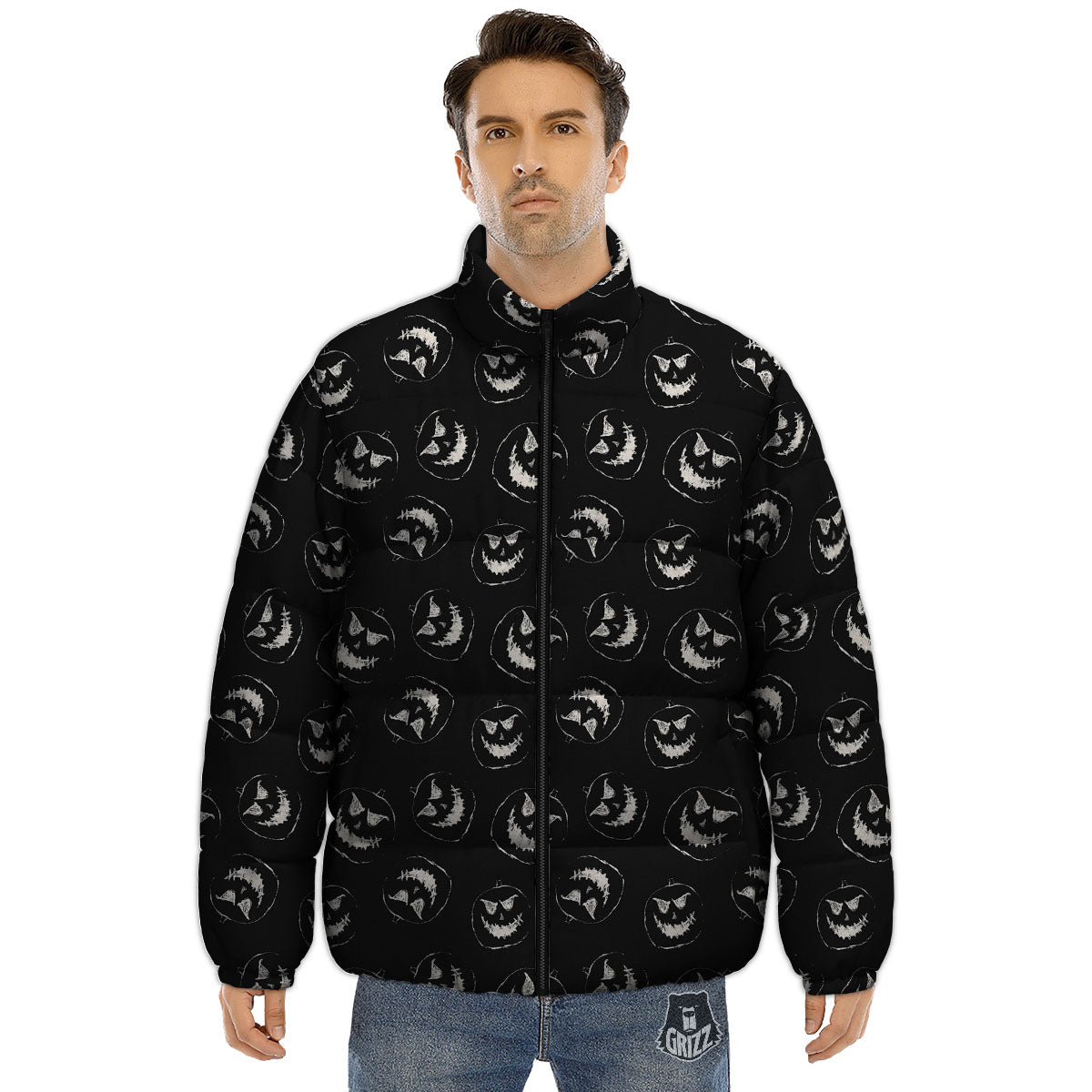 Pumpkin Faces Halloween Print Pattern Puffer Jacket-grizzshop