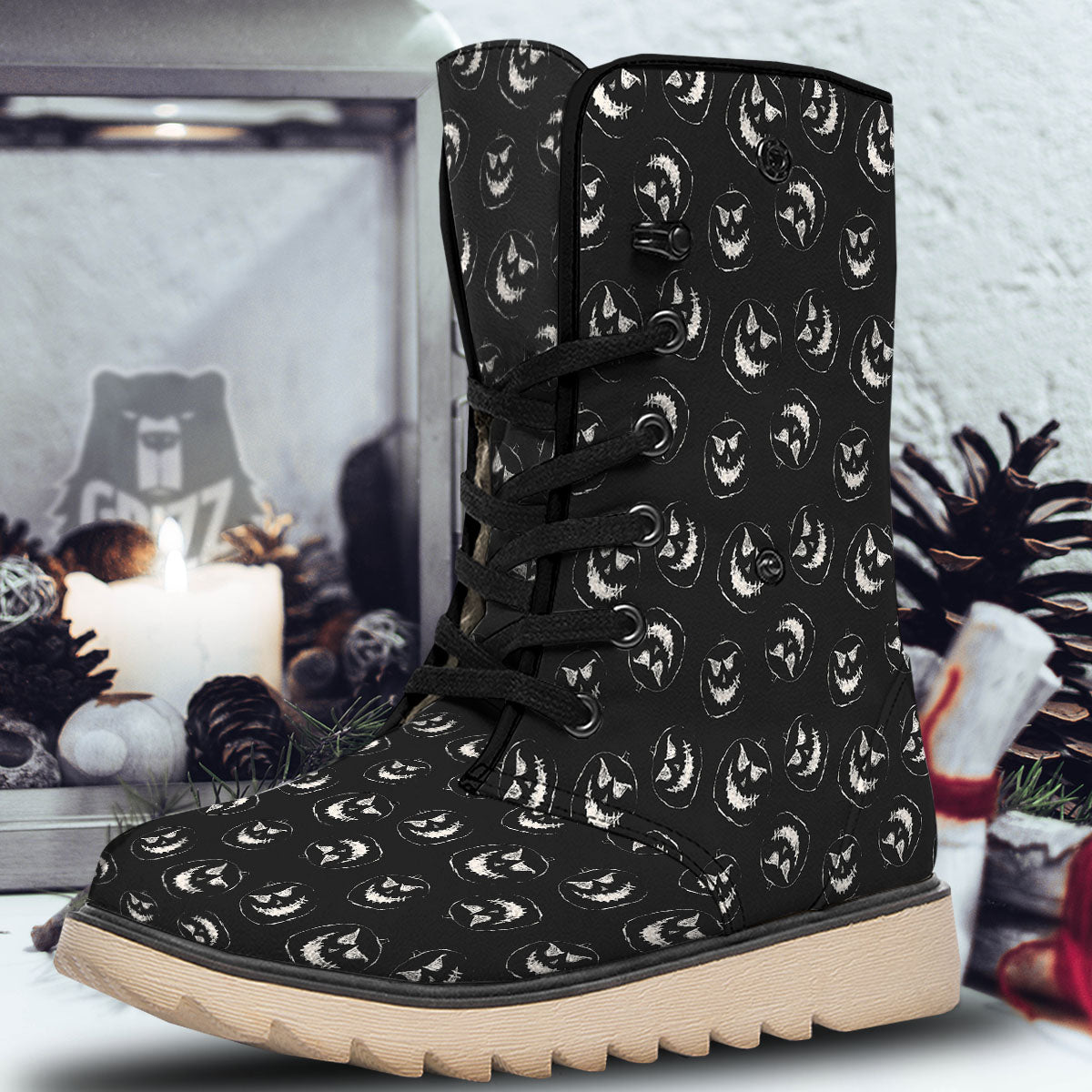 Pumpkin Faces Halloween Print Pattern Snow Boots-grizzshop